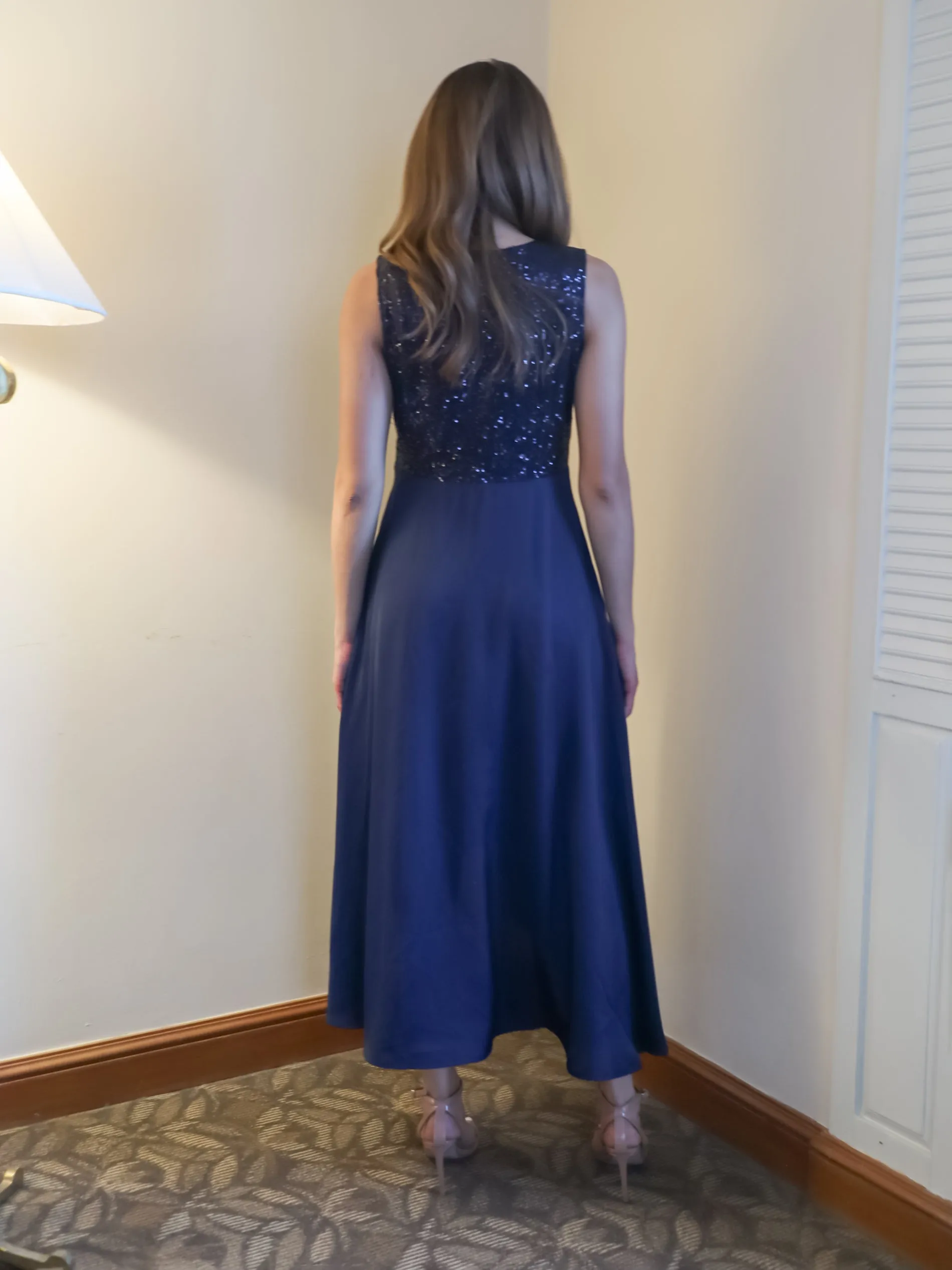 Navy Blue Sequinned Fit & Flared Maxi Dress