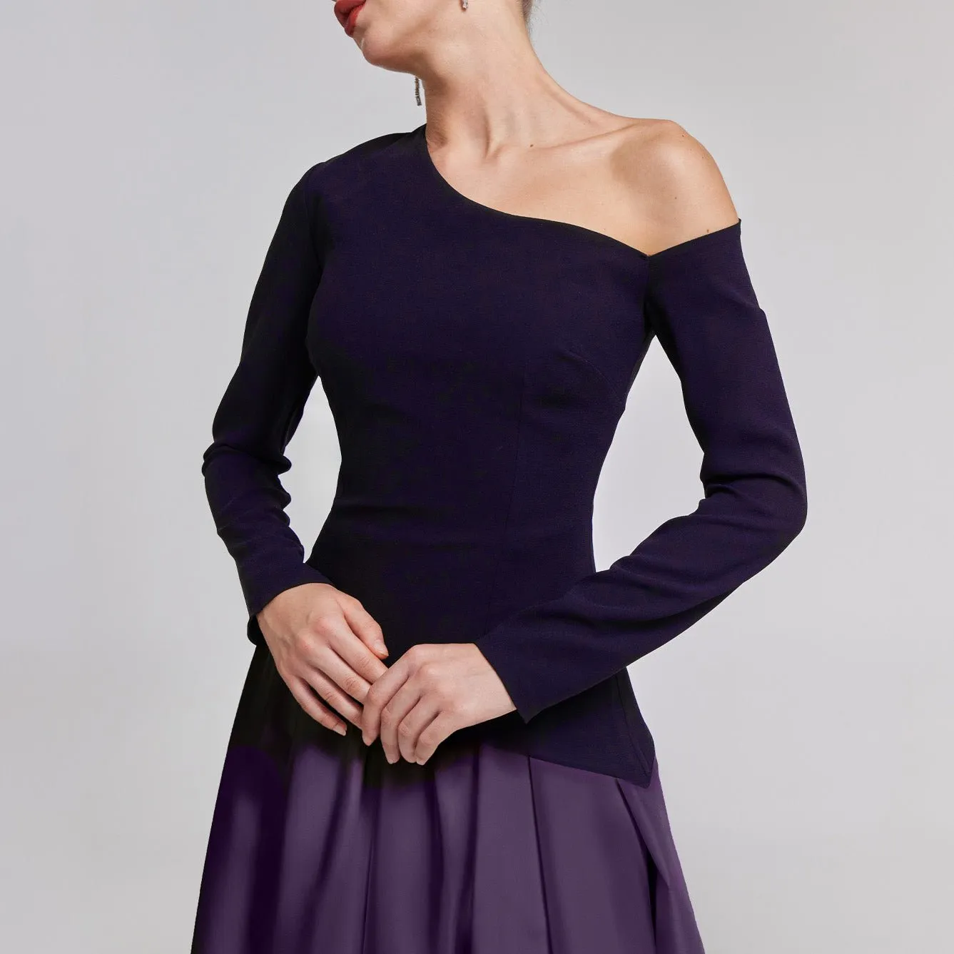 One-Shoulder Purple Crepe and Taffeta Ball Gown
