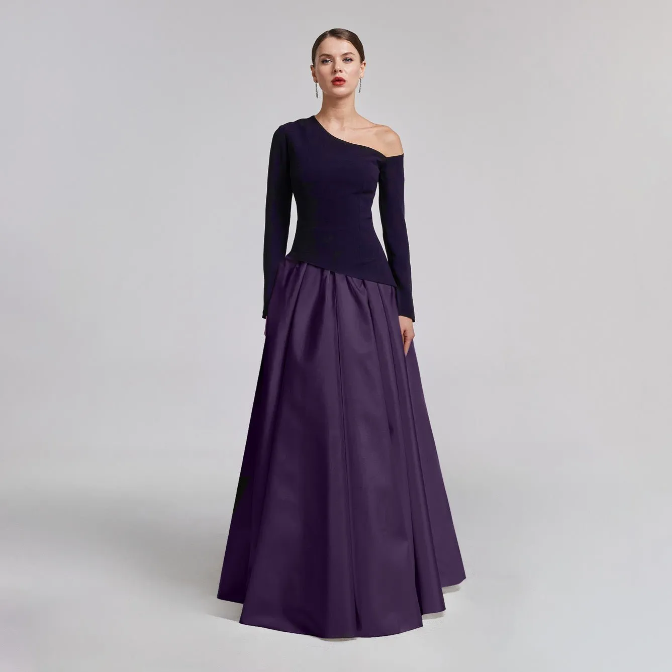 One-Shoulder Purple Crepe and Taffeta Ball Gown