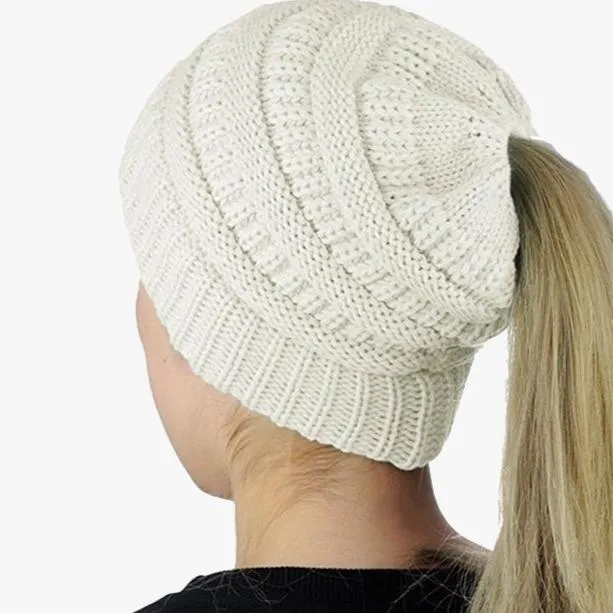 Ponytail Beanie Messy Bun Women's Beanie Solid Ribbed Hat Cap