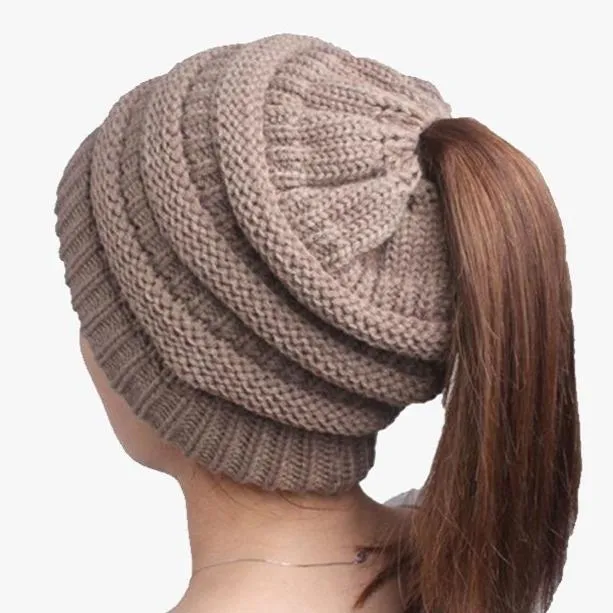 Ponytail Beanie Messy Bun Women's Beanie Solid Ribbed Hat Cap