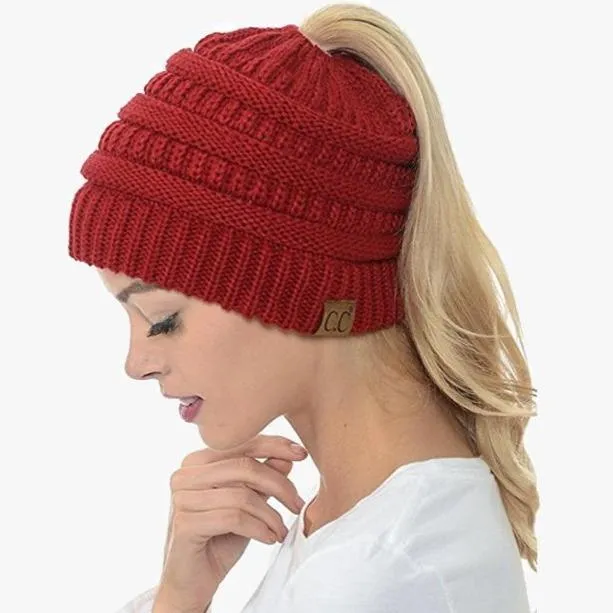 Ponytail Beanie Messy Bun Women's Beanie Solid Ribbed Hat Cap