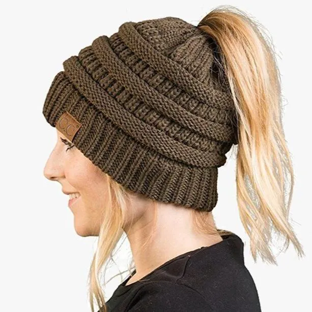 Ponytail Beanie Messy Bun Women's Beanie Solid Ribbed Hat Cap