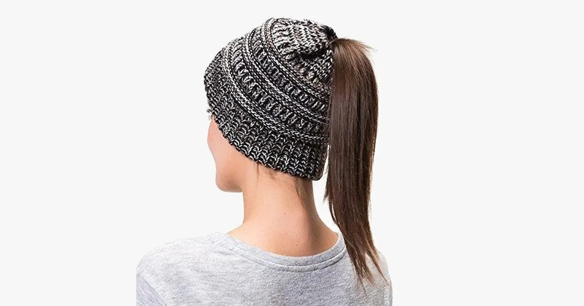 Ponytail Beanie Messy Bun Women's Beanie Solid Ribbed Hat Cap