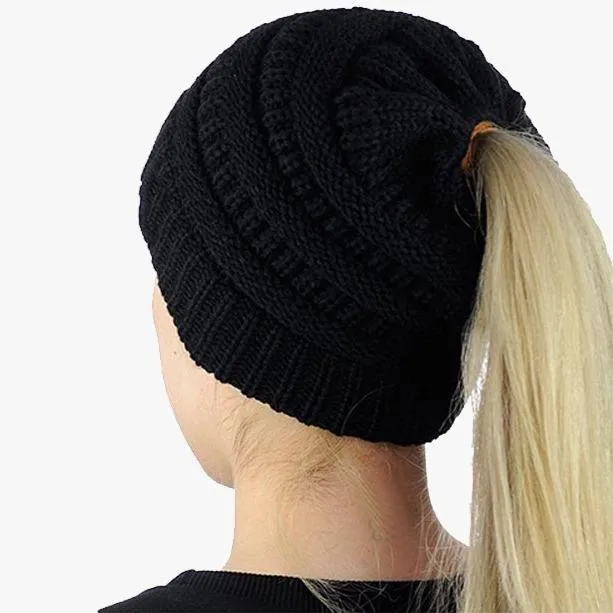 Ponytail Beanie Messy Bun Women's Beanie Solid Ribbed Hat Cap
