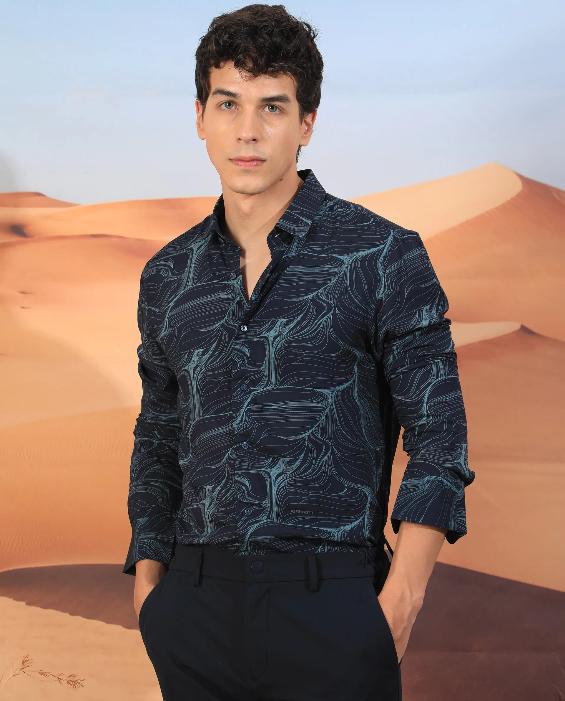 Rare Rabbit Men's Gravel Navy Viscose Fabric Abstract Print Full Sleeves Shirt