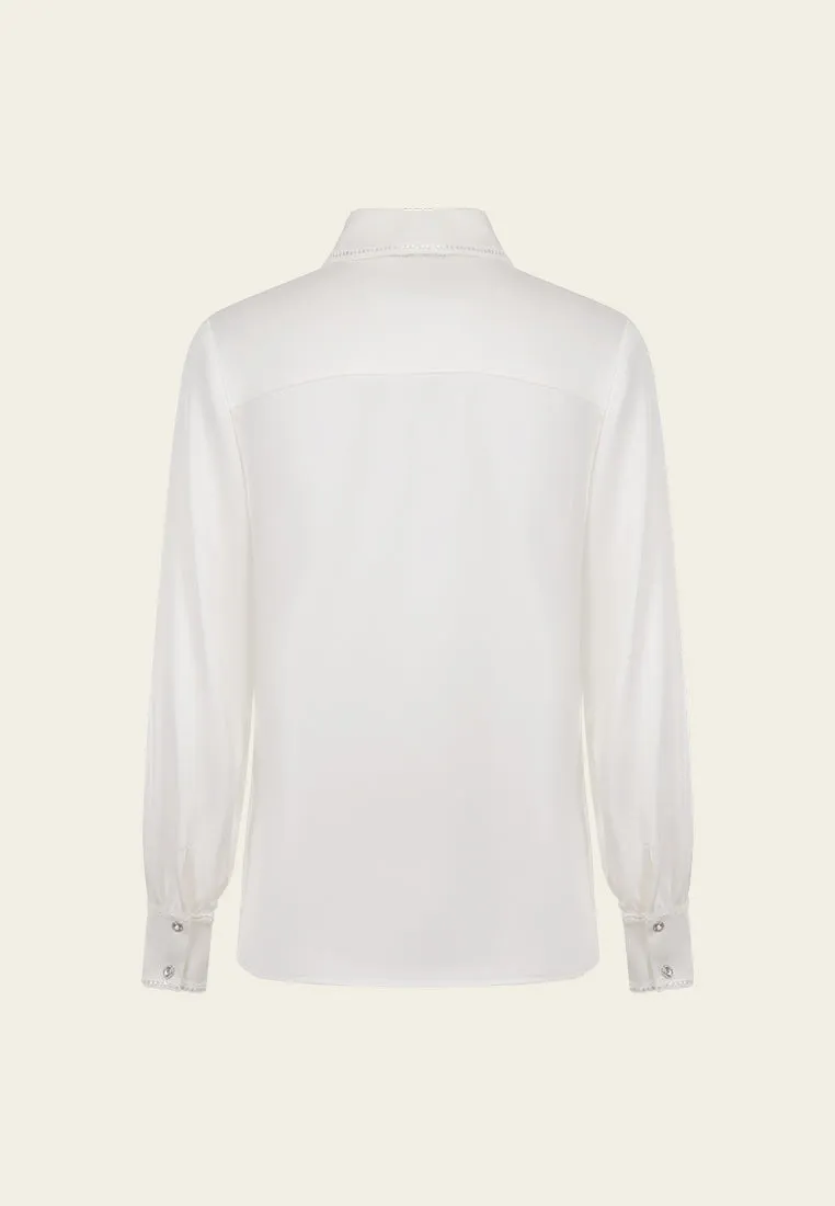 Ruffle-detail Lace-trim Crystal Button Blouse