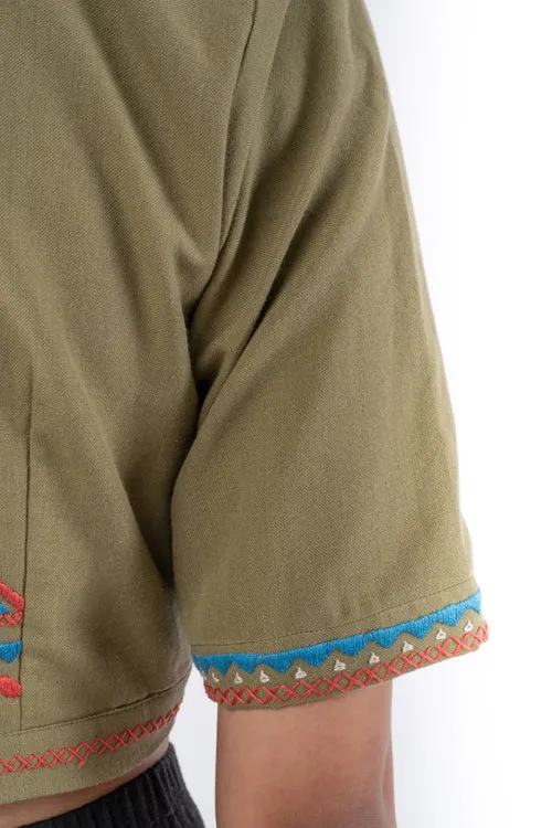 Shifrah Soof Embroidered Olive Half Sleeve Blouse