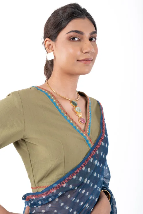 Shifrah Soof Embroidered Olive Half Sleeve Blouse