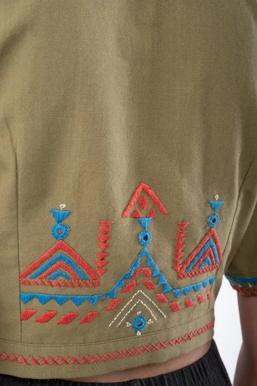 Shifrah Soof Embroidered Olive Half Sleeve Blouse