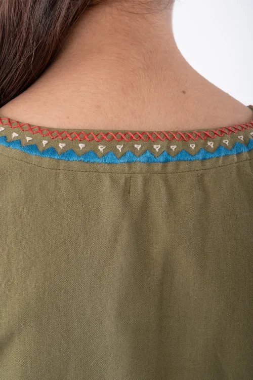 Shifrah Soof Embroidered Olive Half Sleeve Blouse