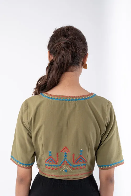 Shifrah Soof Embroidered Olive Half Sleeve Blouse