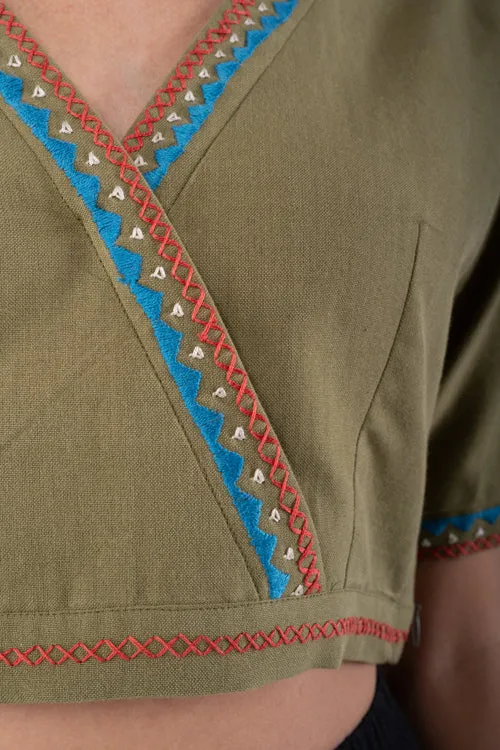 Shifrah Soof Embroidered Olive Half Sleeve Blouse