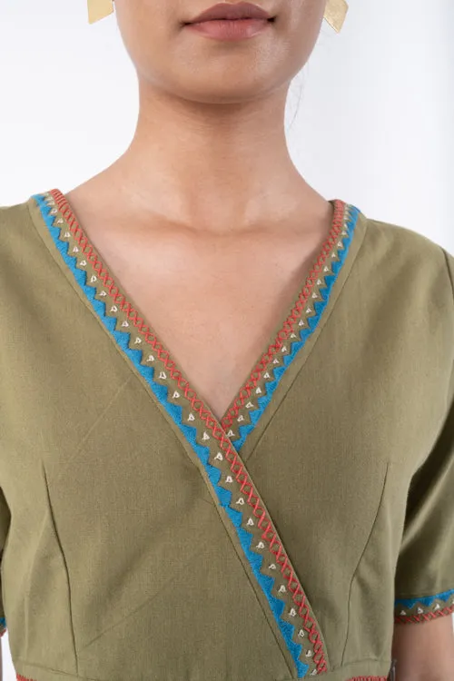 Shifrah Soof Embroidered Olive Half Sleeve Blouse