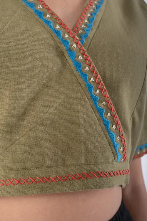 Shifrah Soof Embroidered Olive Half Sleeve Blouse