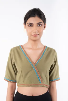 Shifrah Soof Embroidered Olive Half Sleeve Blouse