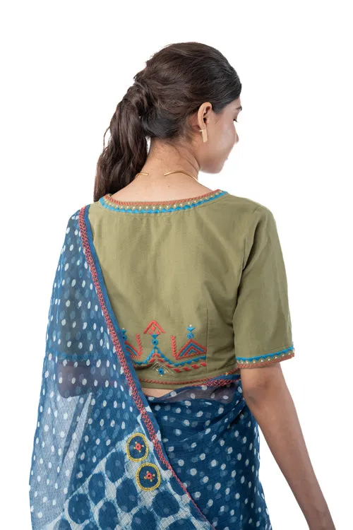 Shifrah Soof Embroidered Olive Half Sleeve Blouse