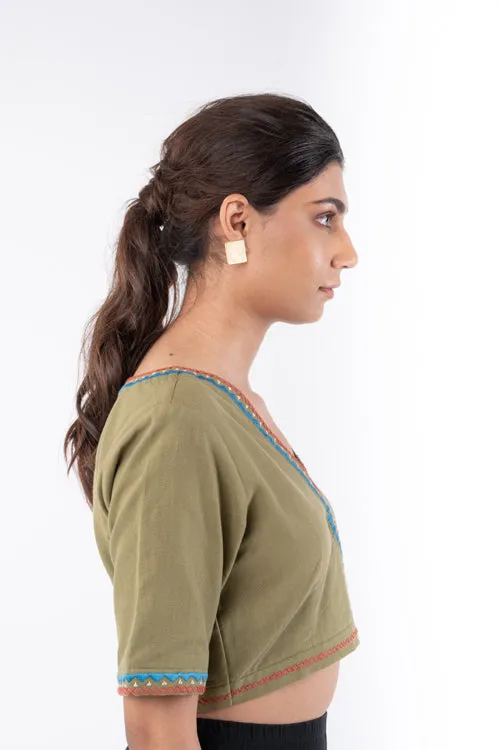 Shifrah Soof Embroidered Olive Half Sleeve Blouse