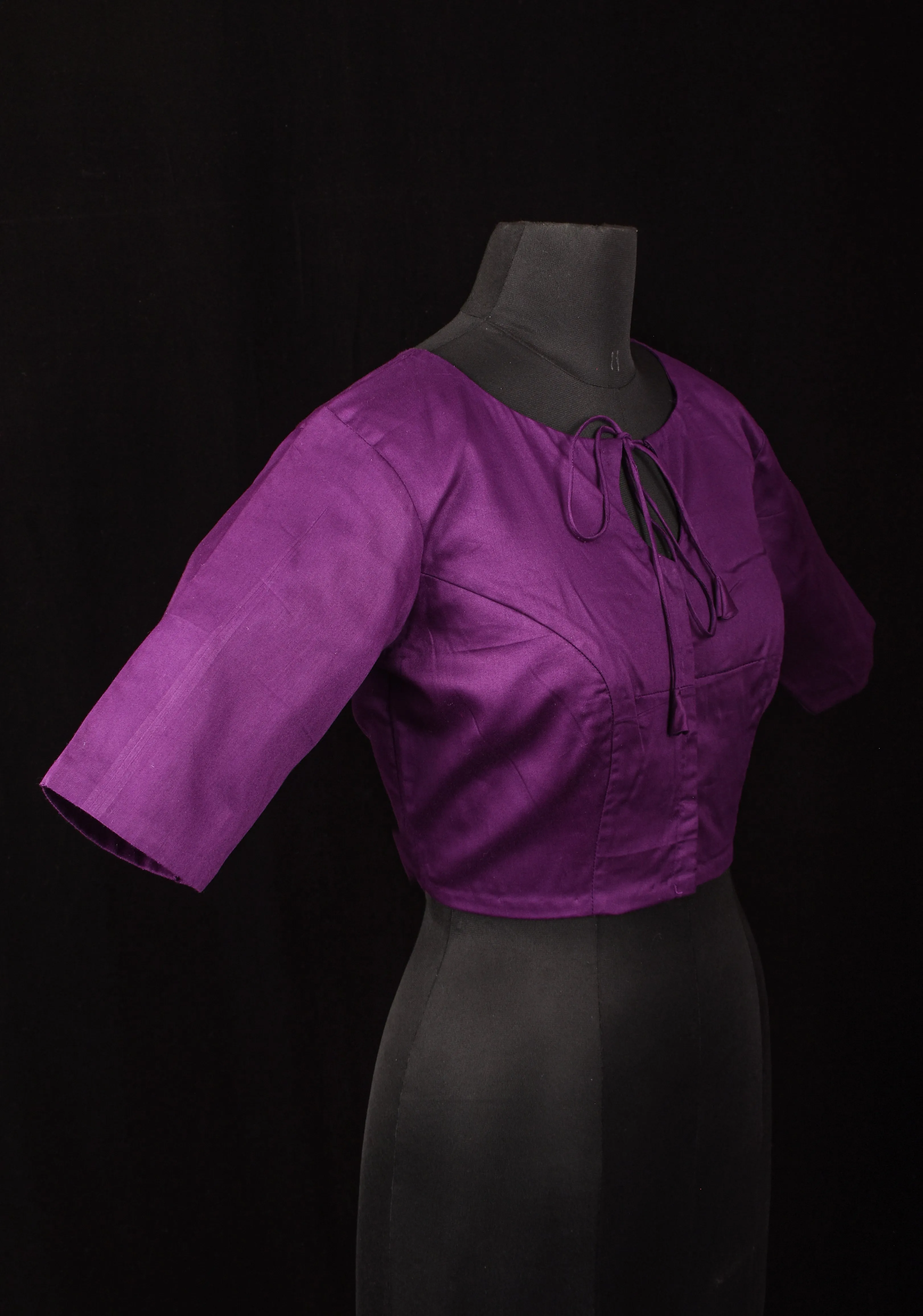 Size 38: Purple Blouse With Hair Ornament  Machine Embroidery and Front neck Tie up in mercerized cotton