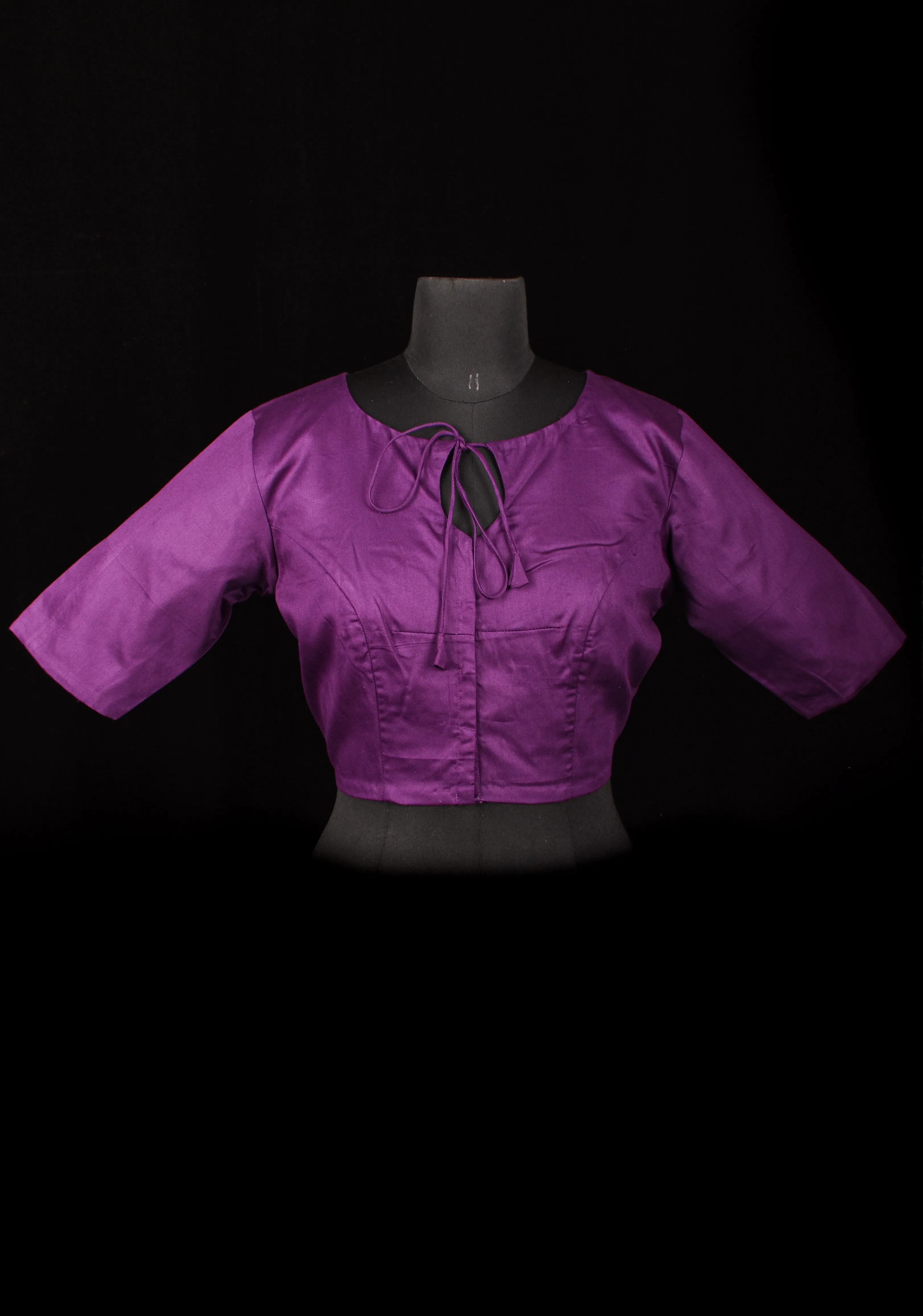 Size 38: Purple Blouse With Hair Ornament  Machine Embroidery and Front neck Tie up in mercerized cotton