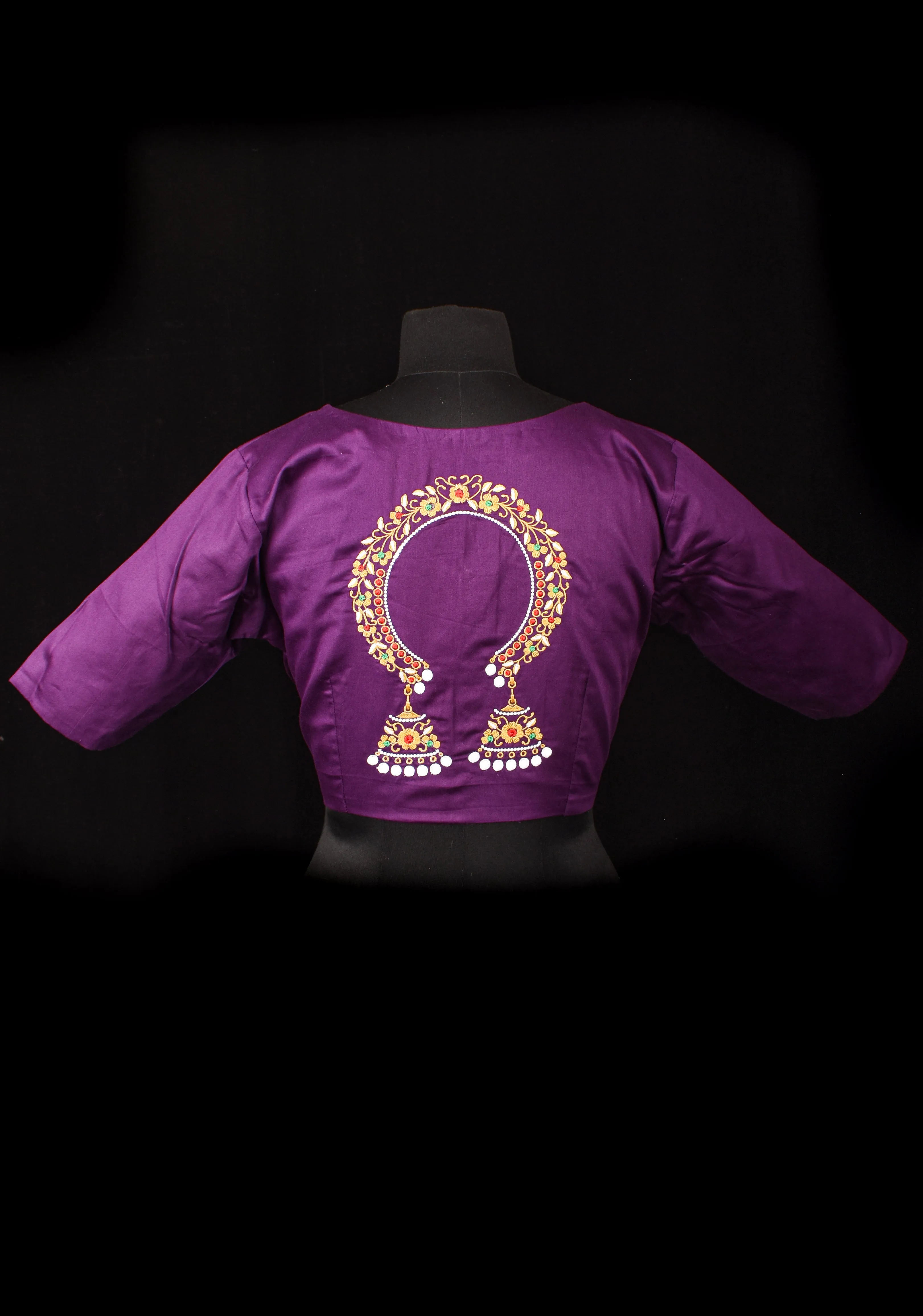 Size 38: Purple Blouse With Hair Ornament  Machine Embroidery and Front neck Tie up in mercerized cotton