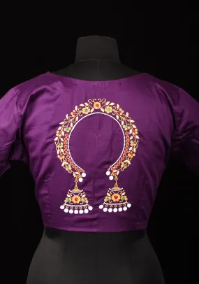 Size 38: Purple Blouse With Hair Ornament  Machine Embroidery and Front neck Tie up in mercerized cotton