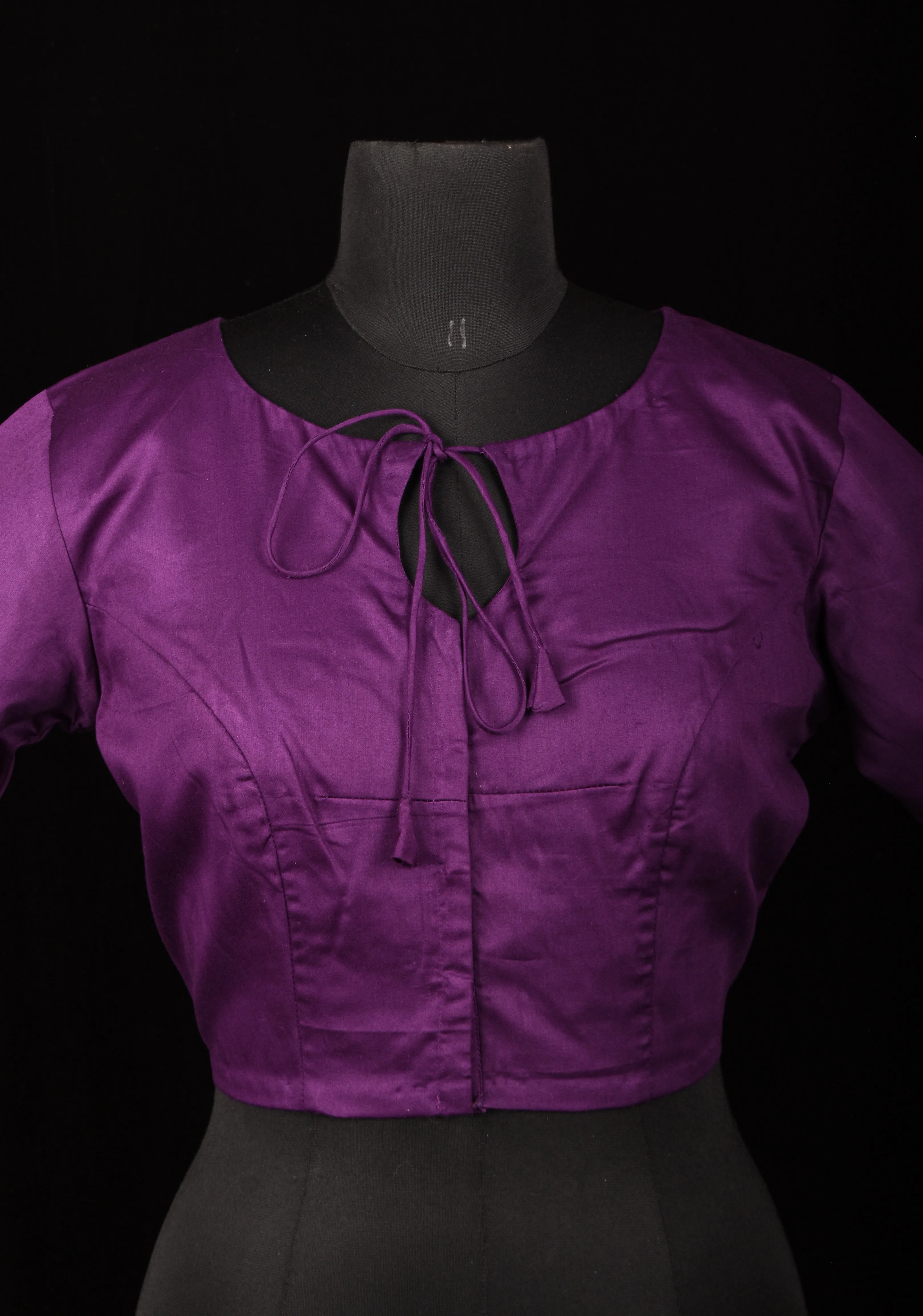Size 38: Purple Blouse With Hair Ornament  Machine Embroidery and Front neck Tie up in mercerized cotton