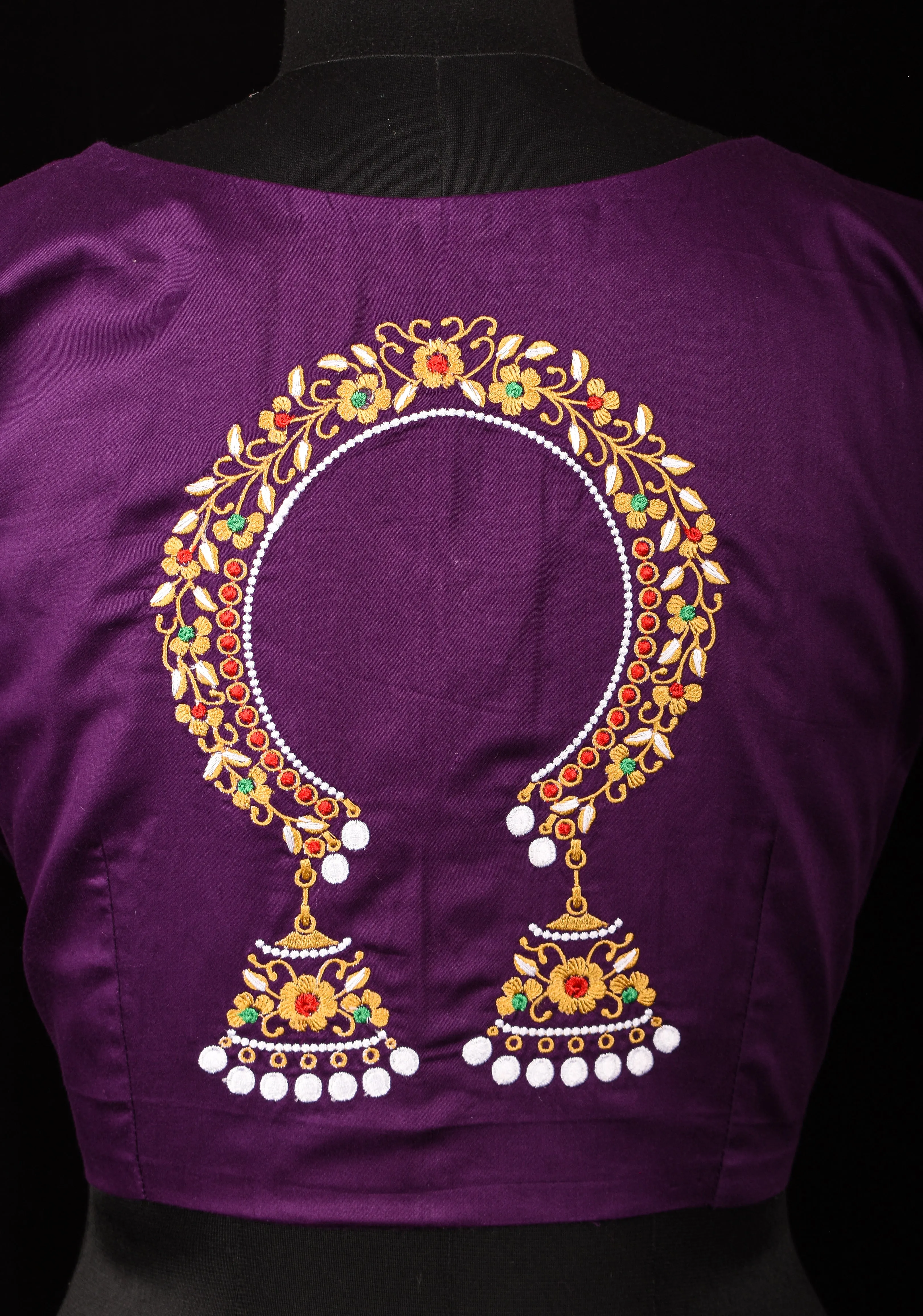 Size 38: Purple Blouse With Hair Ornament  Machine Embroidery and Front neck Tie up in mercerized cotton