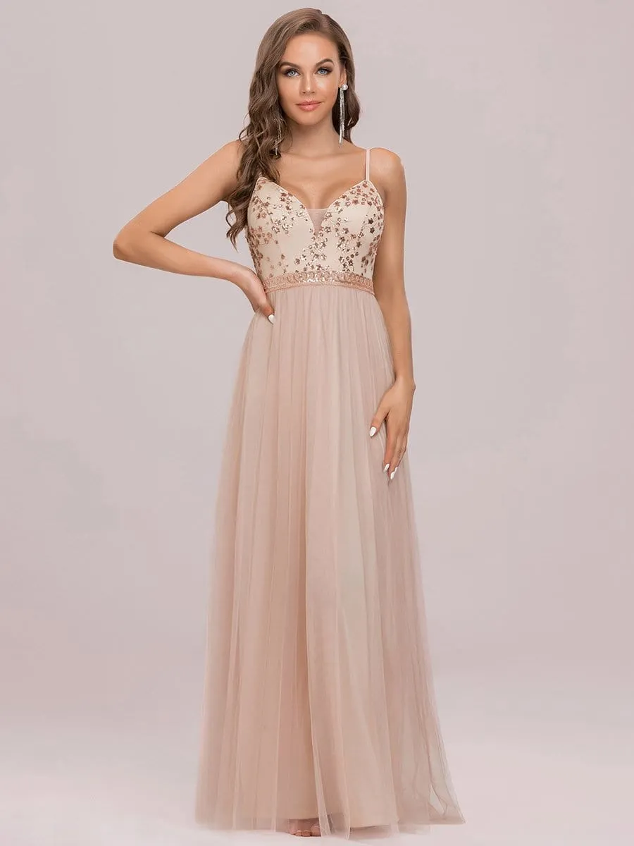 Spaghetti Straps Sleeveless Deep V Paillette Floor-Length Tulle Evening Dress