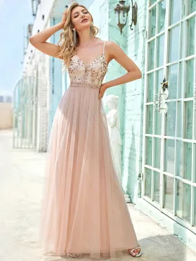 Spaghetti Straps Sleeveless Deep V Paillette Floor-Length Tulle Evening Dress