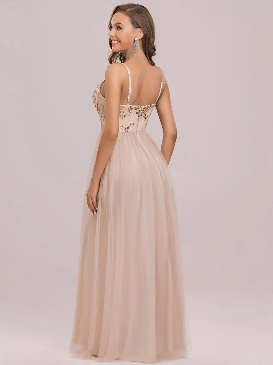 Spaghetti Straps Sleeveless Deep V Paillette Floor-Length Tulle Evening Dress