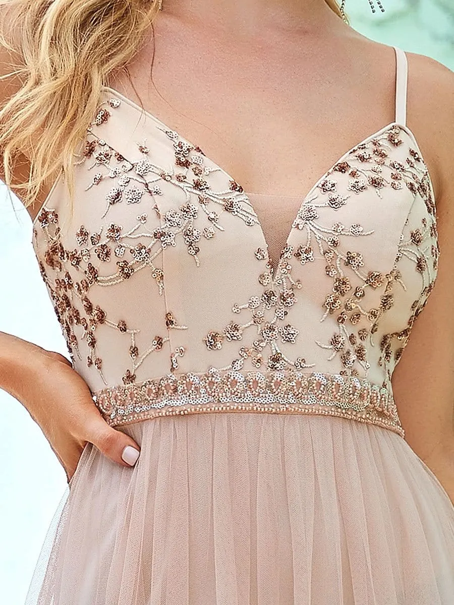 Spaghetti Straps Sleeveless Deep V Paillette Floor-Length Tulle Evening Dress