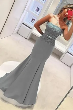 Strapless Lace Satin Elegant Sheath Long Mermaid Simple Prom Dresses PFP1075