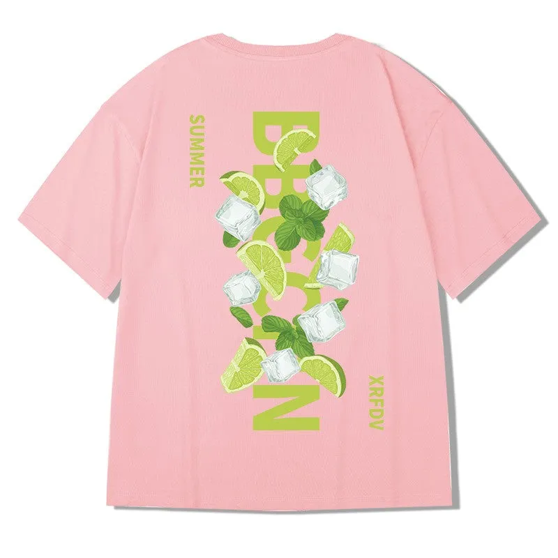 Summer t-shirts lemon loose oversize pure cotton versatile couple wear