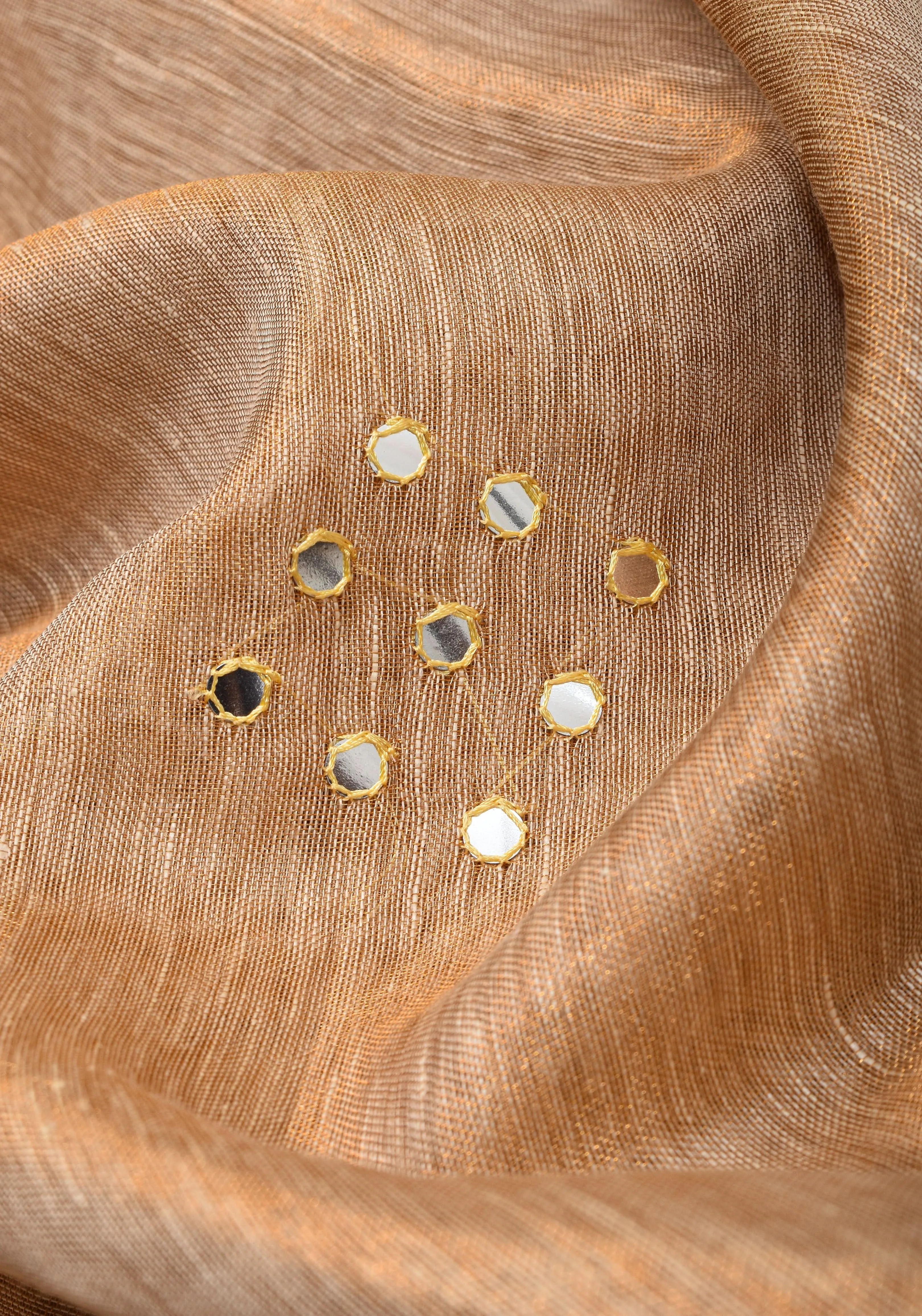Tan Gold Tissue Linen Saree with light mirror work