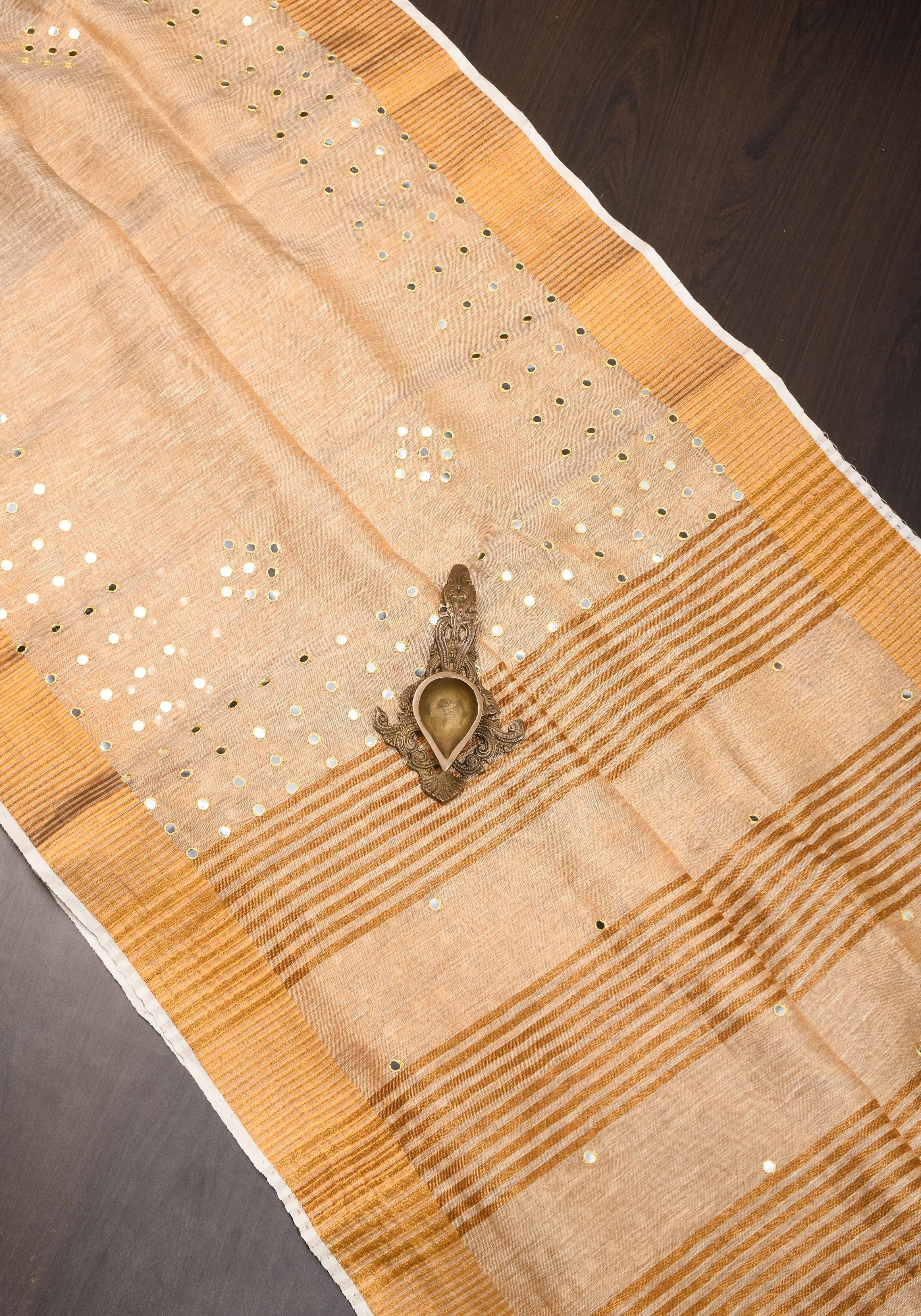 Tan Gold Tissue Linen Saree with light mirror work