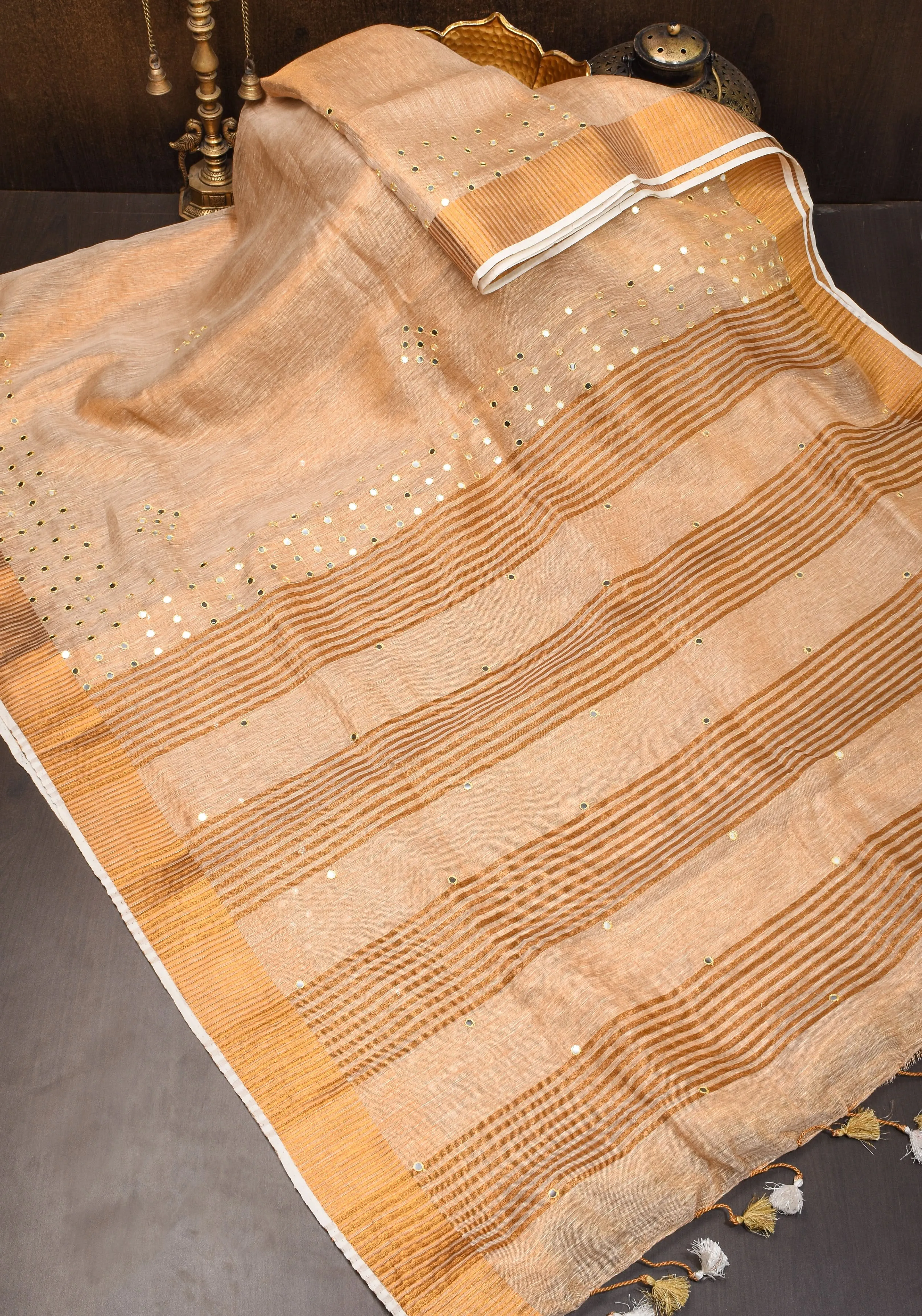 Tan Gold Tissue Linen Saree with light mirror work