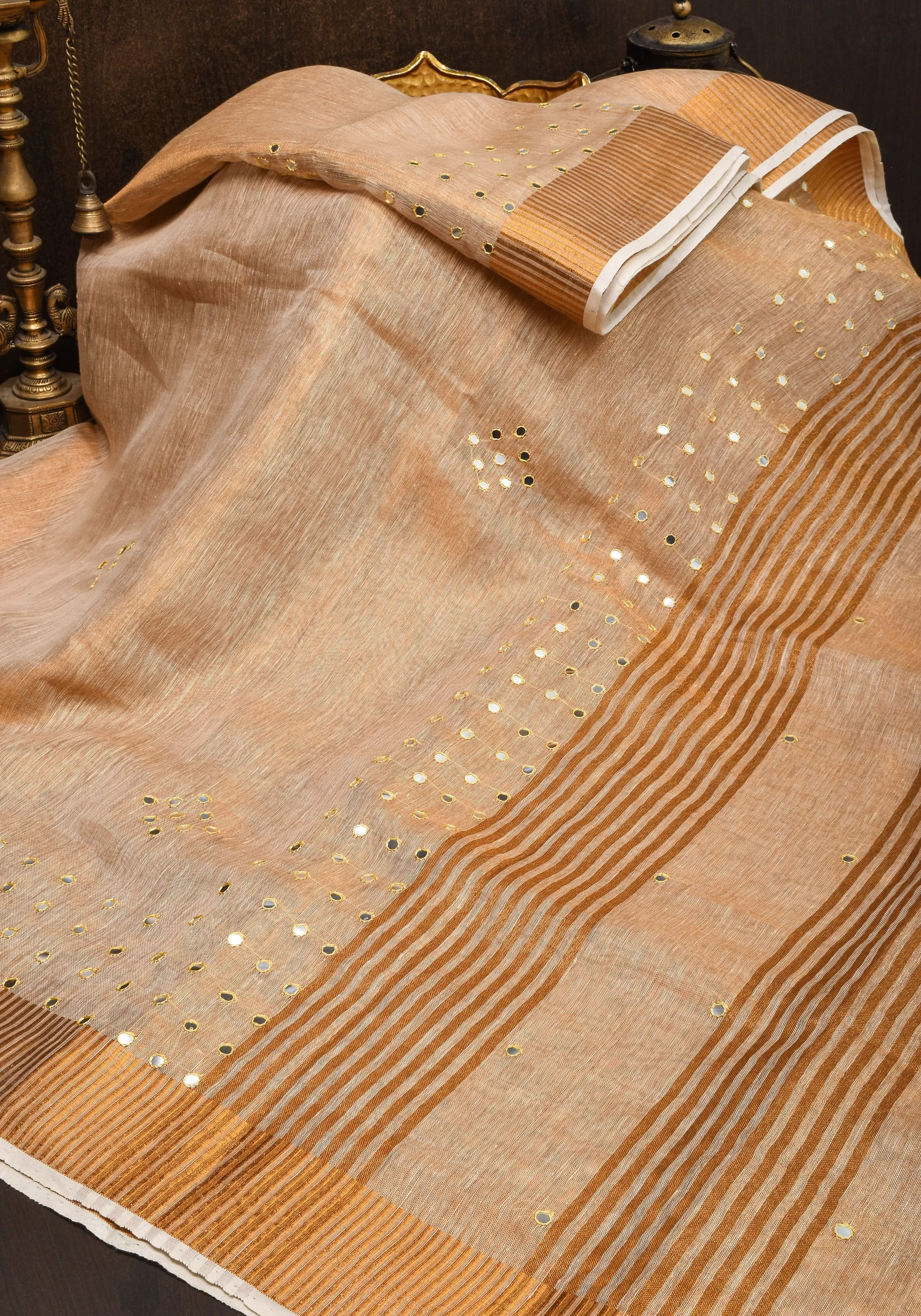 Tan Gold Tissue Linen Saree with light mirror work