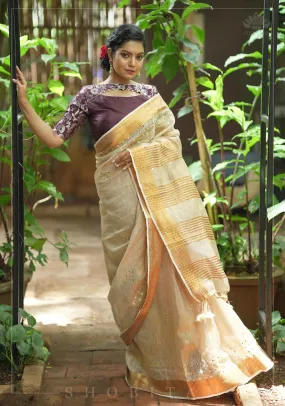 Tan Gold Tissue Linen Saree with light mirror work