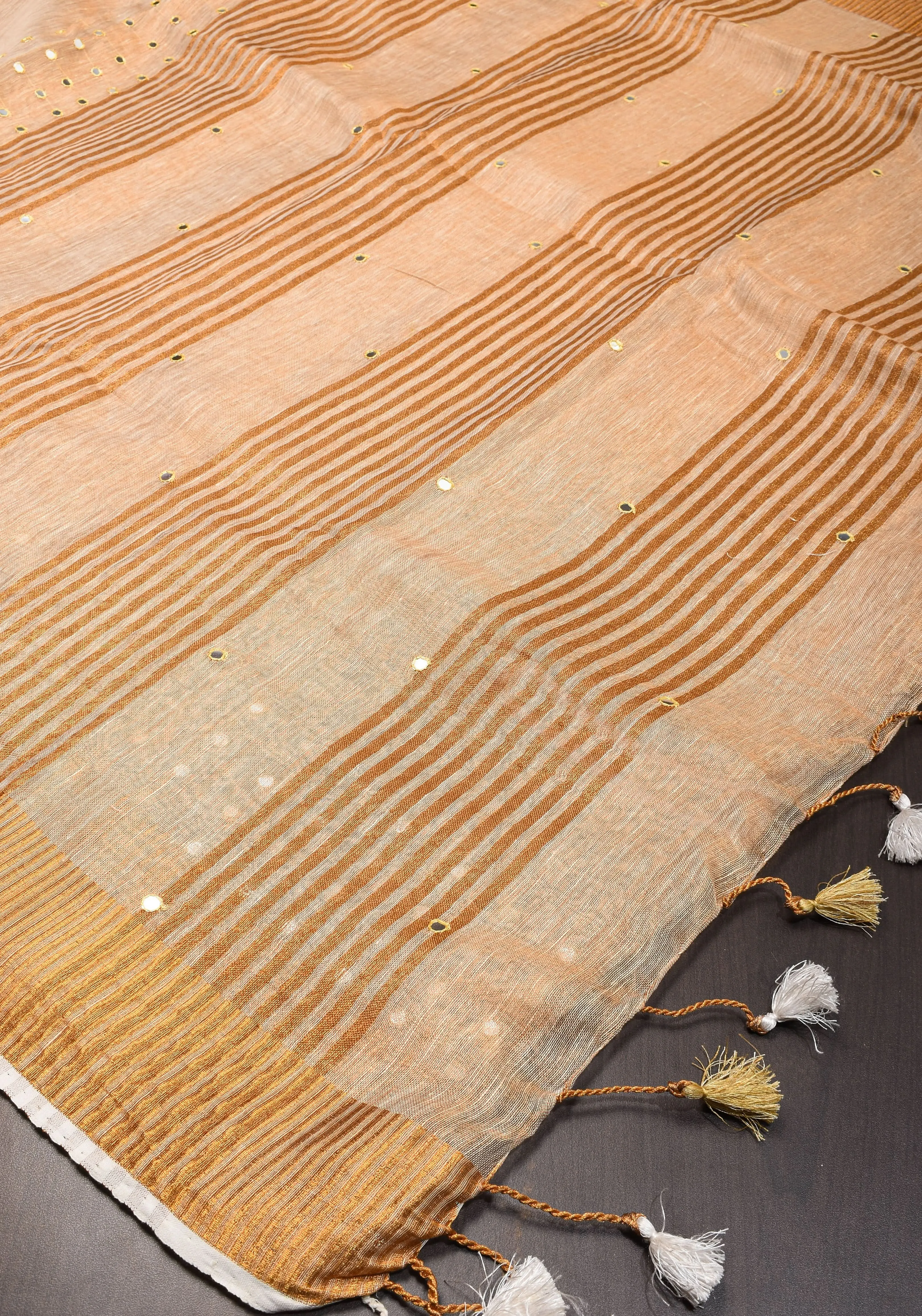 Tan Gold Tissue Linen Saree with light mirror work