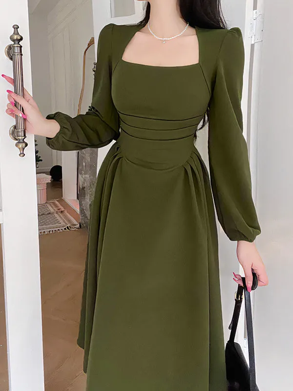 TastyHottie - Green Puff Sleeve Midi Hem Dress