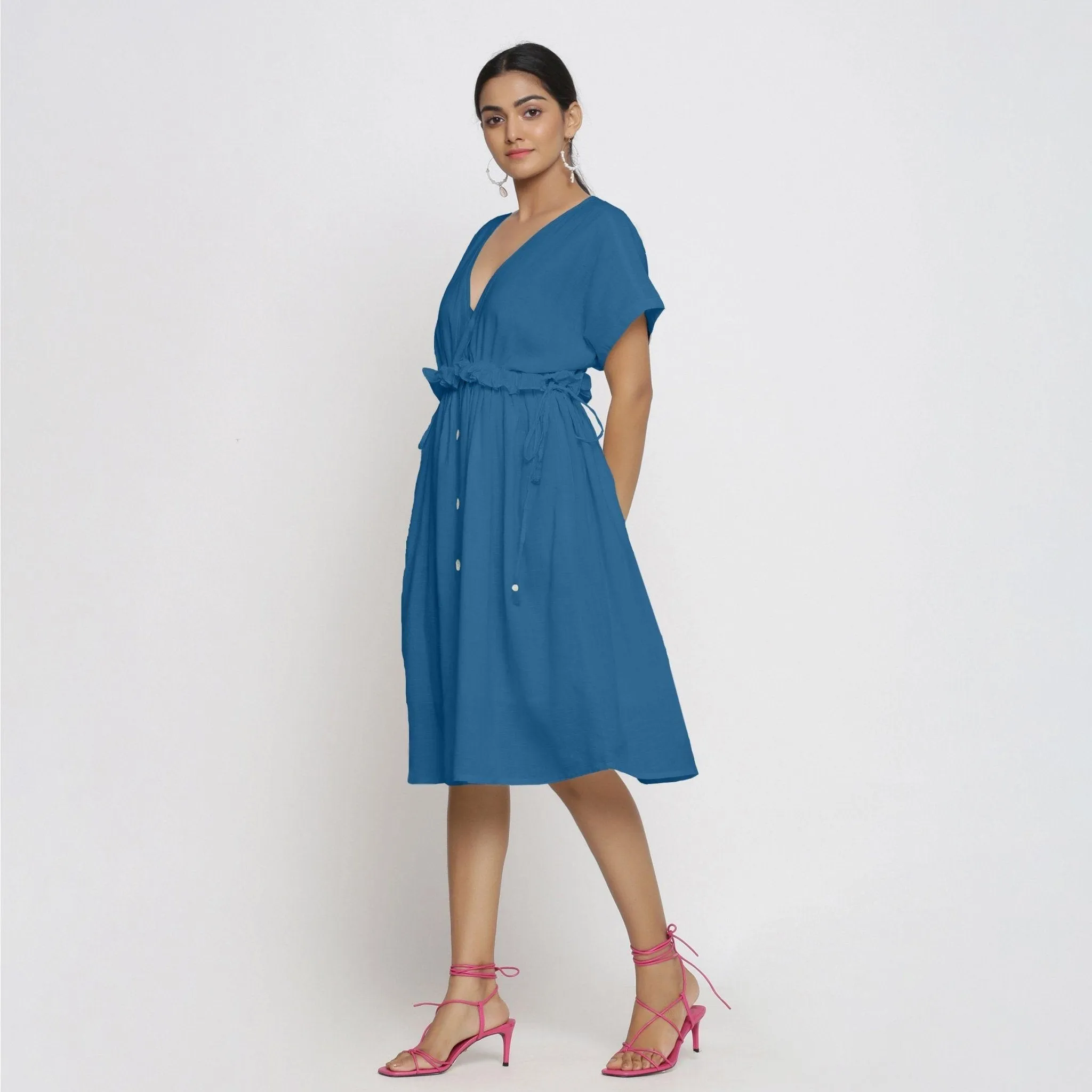 Teal Cotton Knee Length Bohemian Frilled Dress