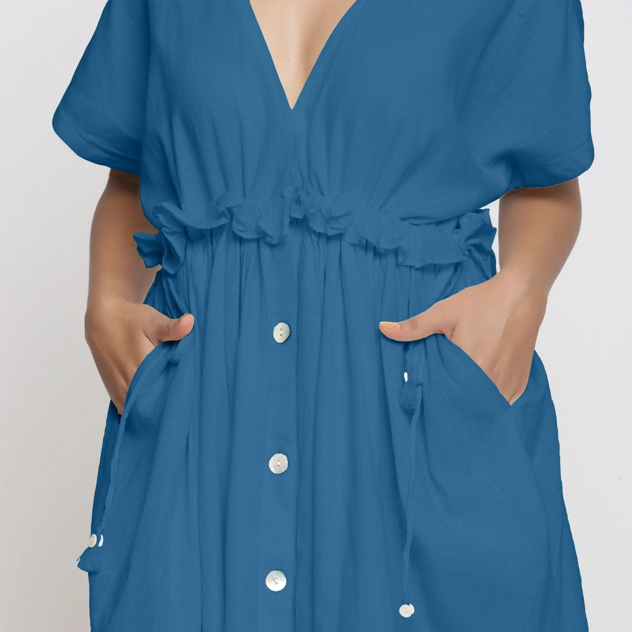 Teal Cotton Knee Length Bohemian Frilled Dress