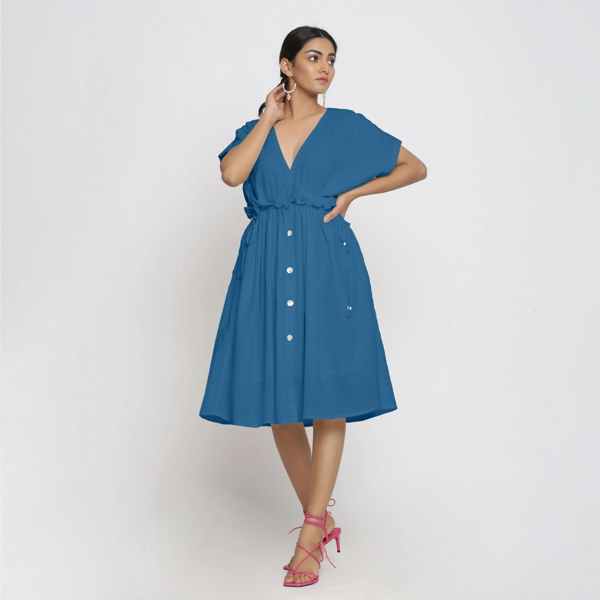 Teal Cotton Knee Length Bohemian Frilled Dress