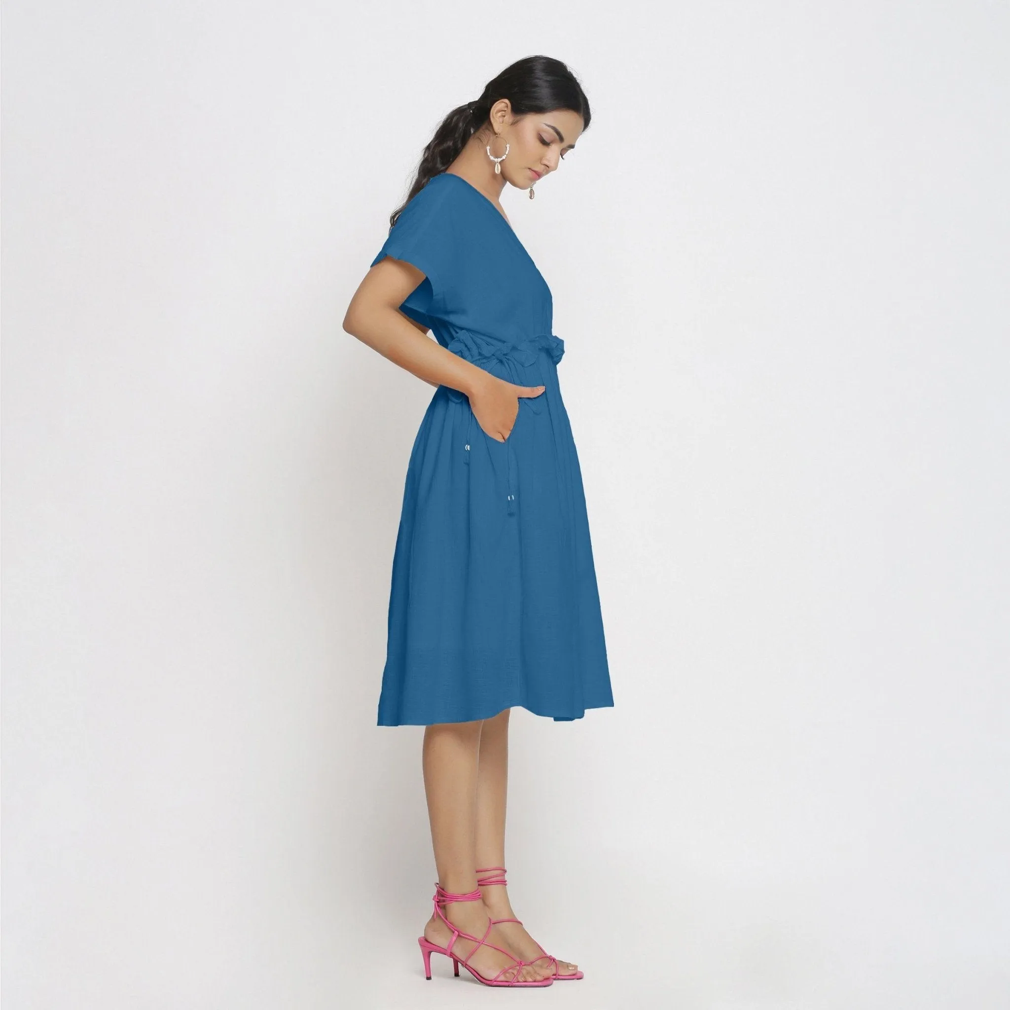 Teal Cotton Knee Length Bohemian Frilled Dress