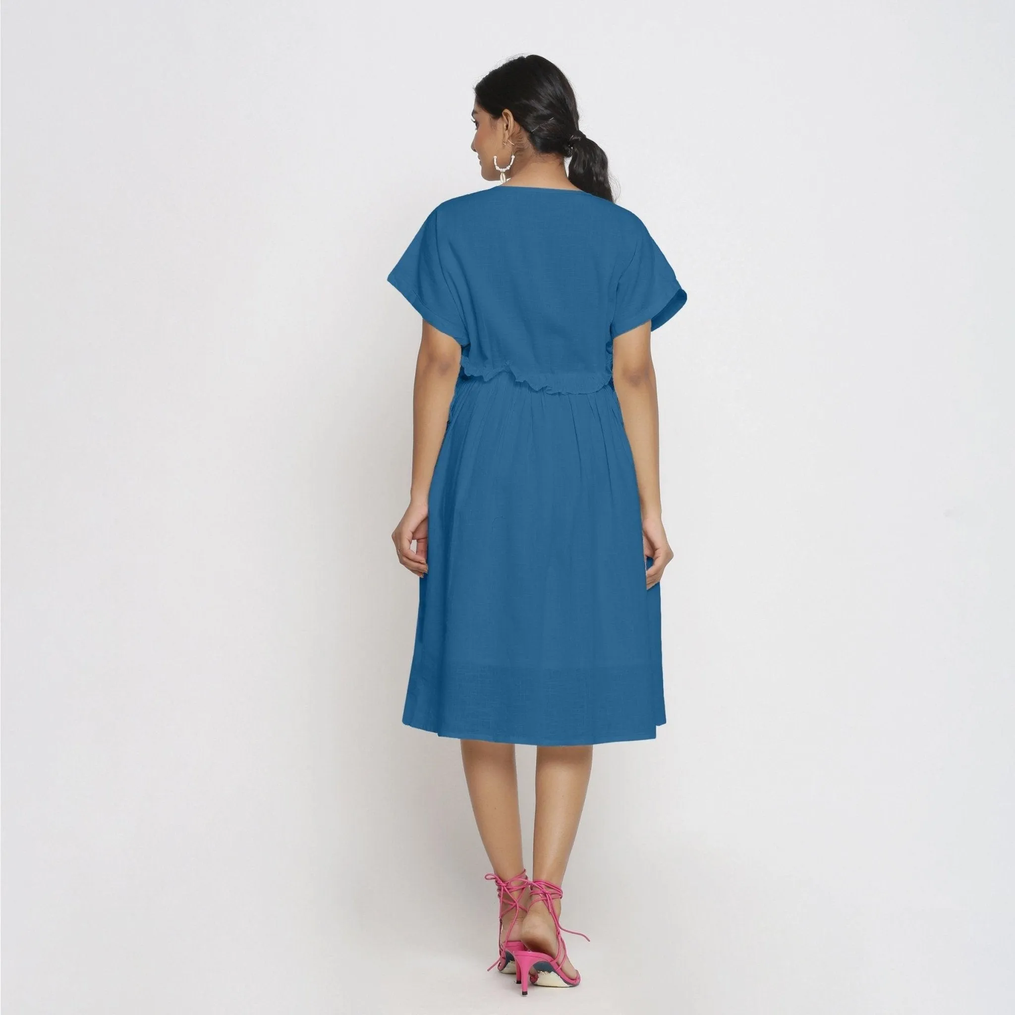 Teal Cotton Knee Length Bohemian Frilled Dress