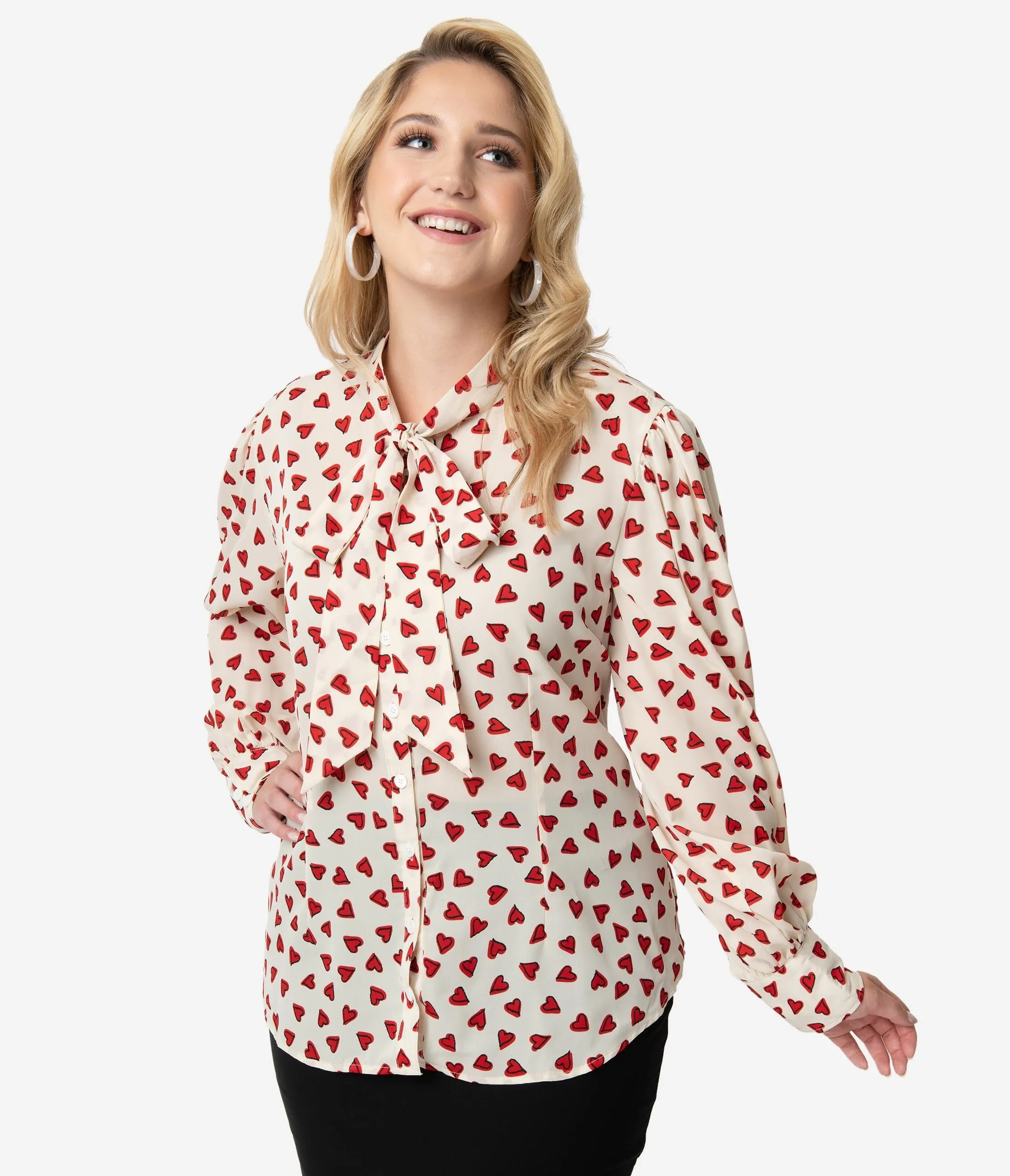 Unique Vintage Plus Size Cream & Red Heart Print Gwen Blouse