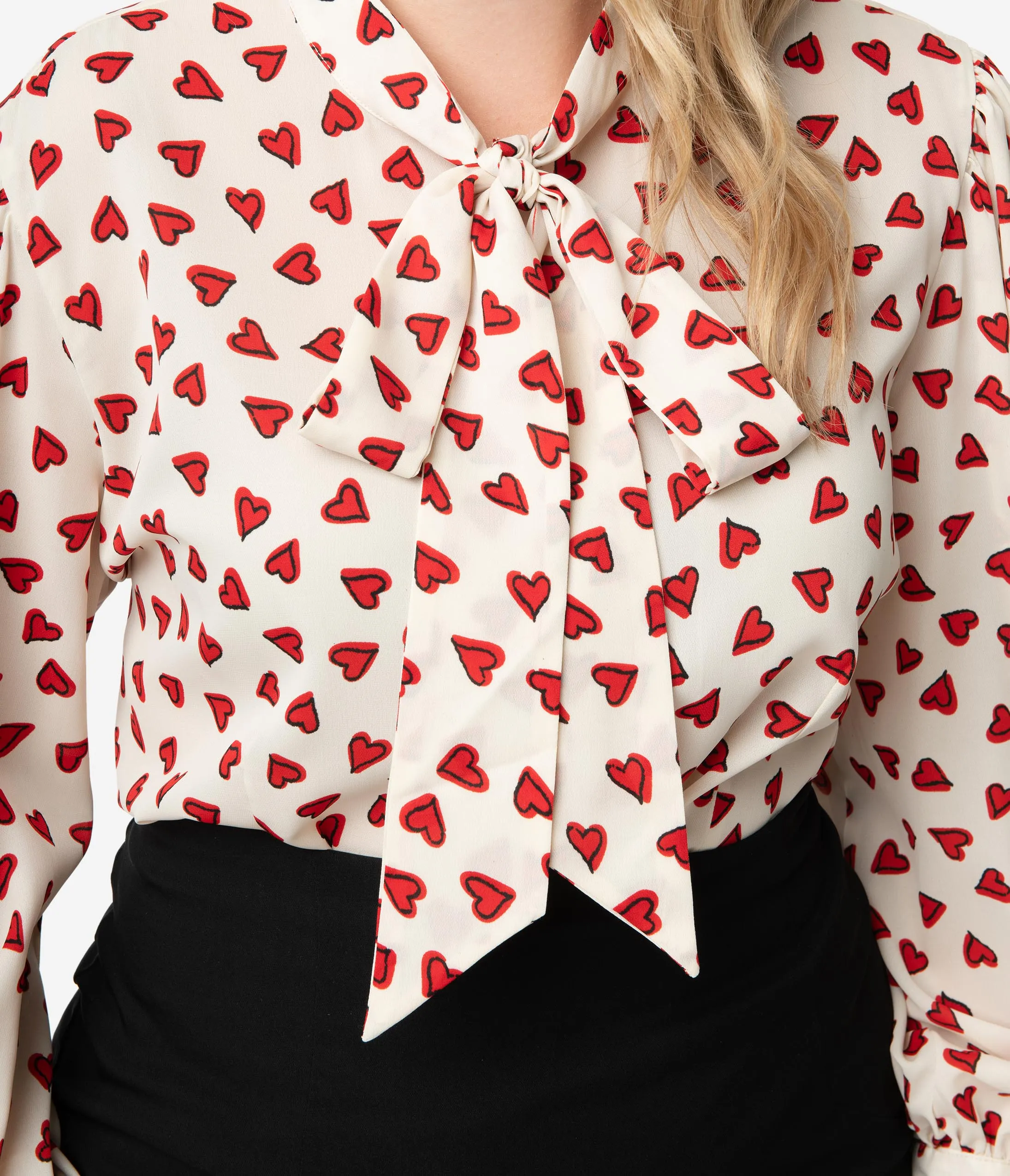 Unique Vintage Plus Size Cream & Red Heart Print Gwen Blouse