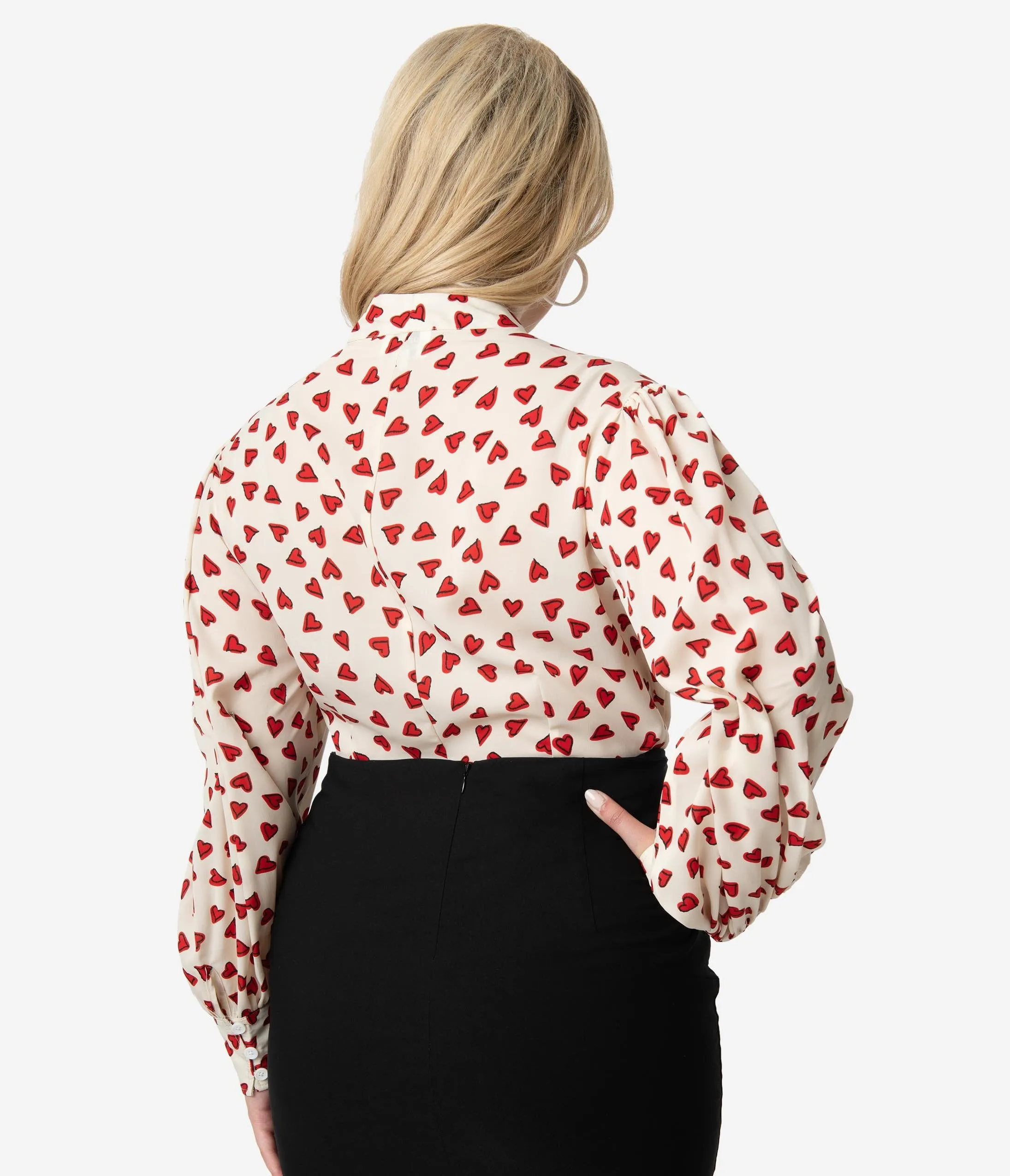 Unique Vintage Plus Size Cream & Red Heart Print Gwen Blouse