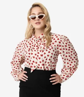Unique Vintage Plus Size Cream & Red Heart Print Gwen Blouse